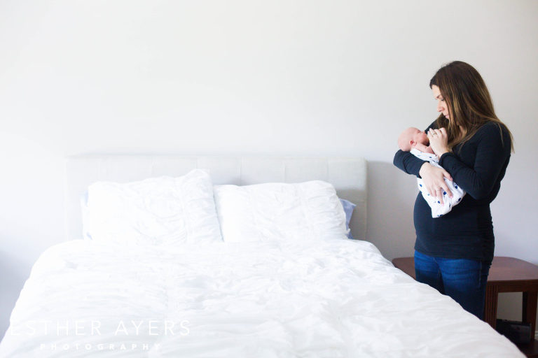 Newborn Baby Boy with mom in Master Bedroom