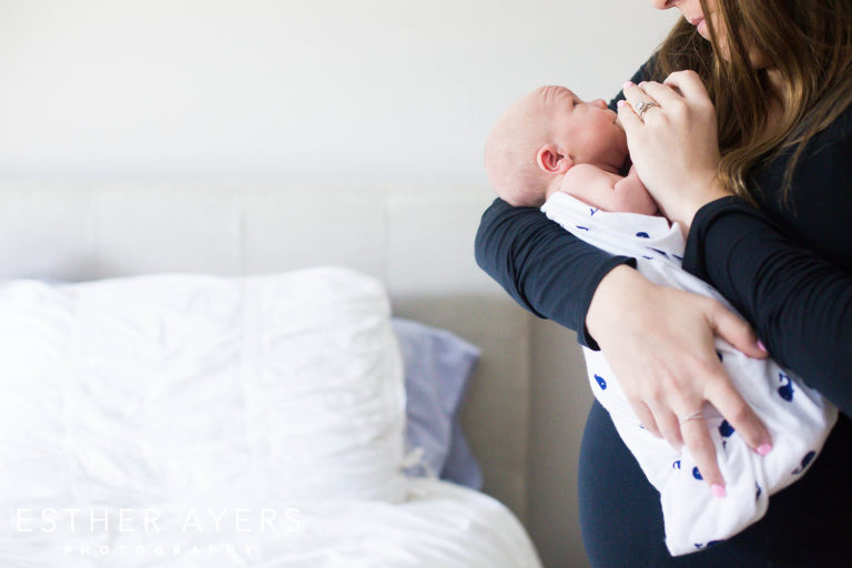 Newborn Baby Boy with mom in Master Bedroom