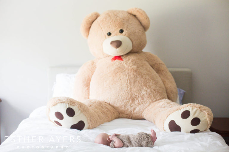 Newborn Baby Boy with giant teddy bear on bed in Master Bedroom
