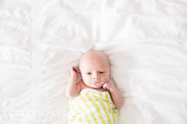 Swaddled Newborn Baby Boy in green and white wrap